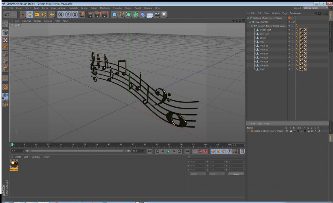 Golden Music Notes Waves 3D model