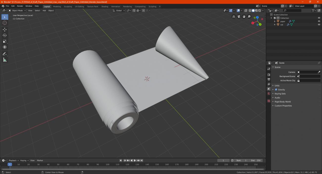 3D Roll of White Paper Unfolded model