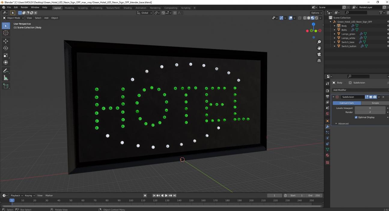 Green Hotel LED Neon Sign OFF 3D model