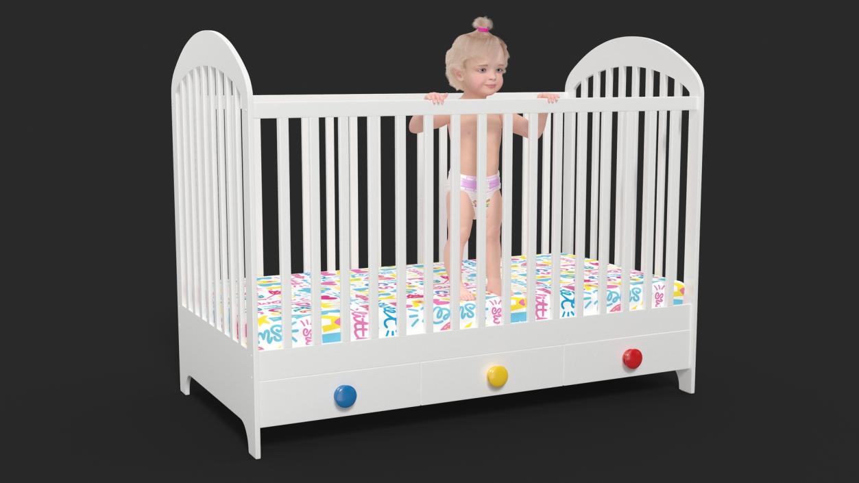 3D Baby Girl in Bed Standing Fur Rigged