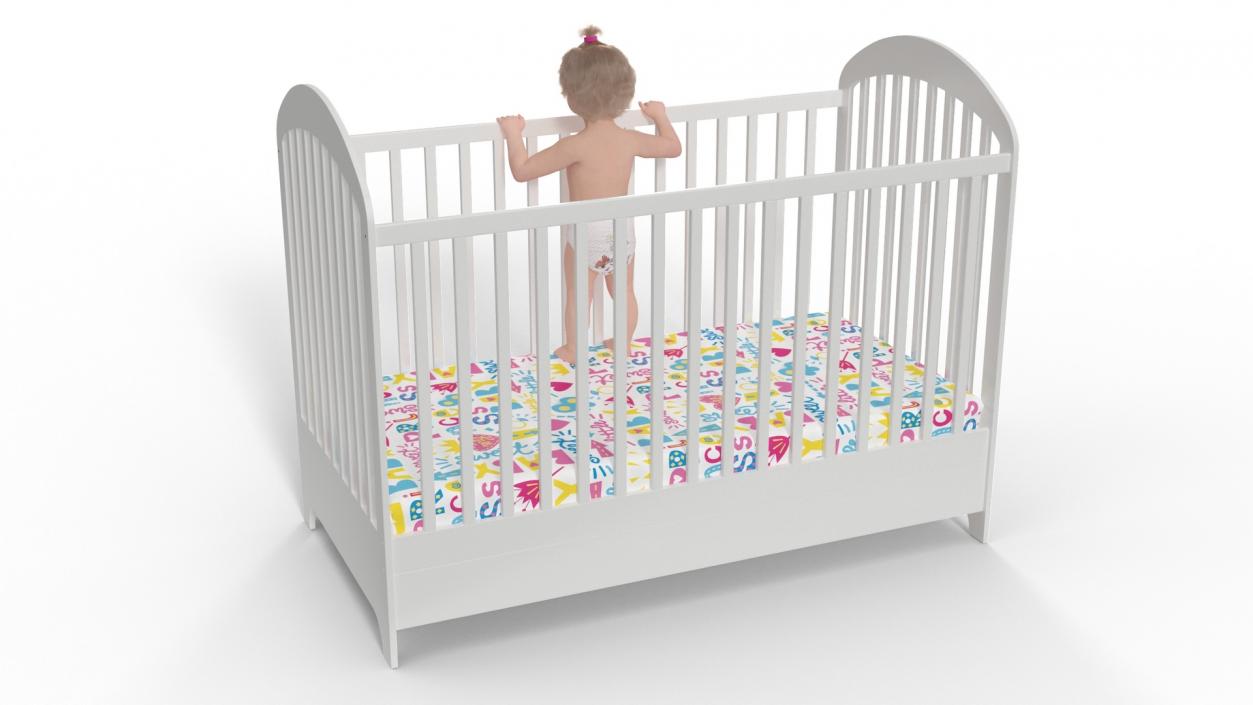 3D Baby Girl in Bed Standing Fur Rigged