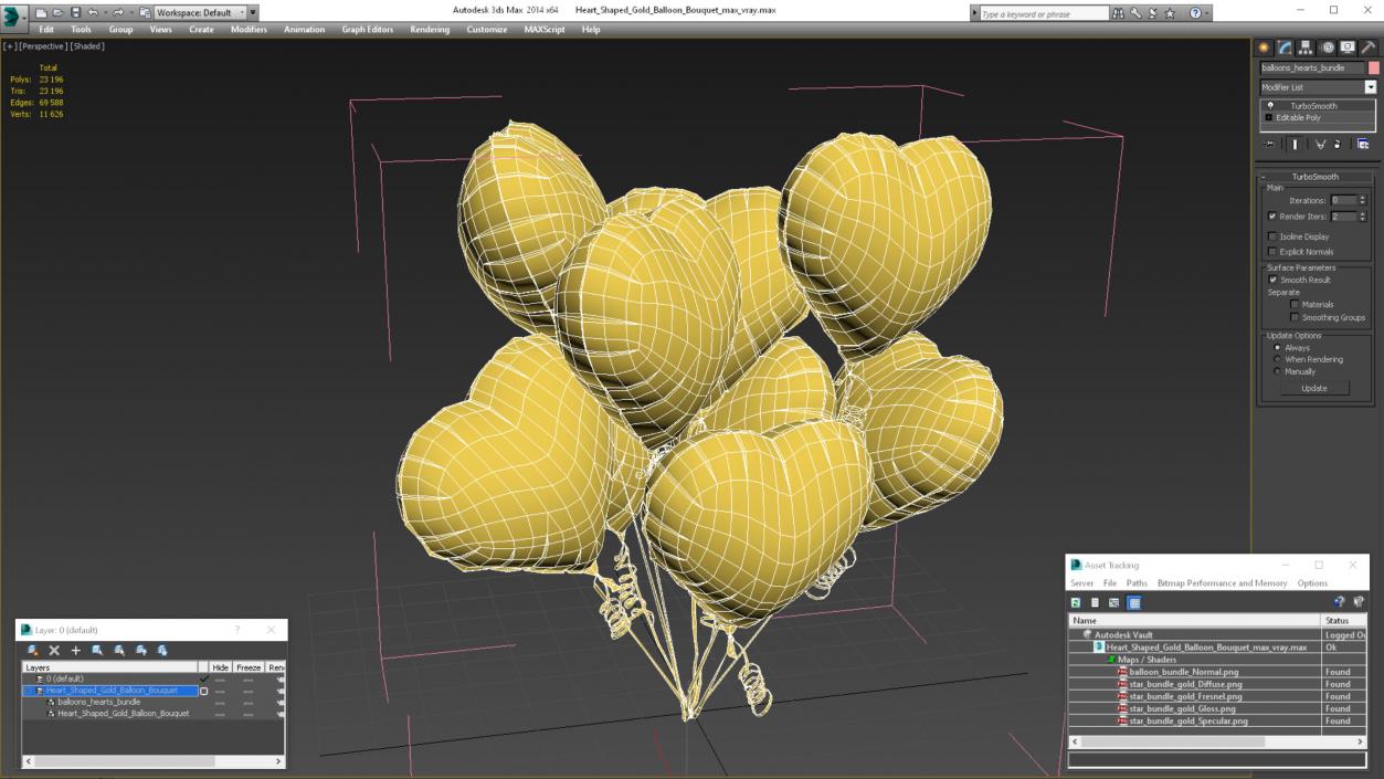 3D Heart Shaped Gold Balloon Bouquet model