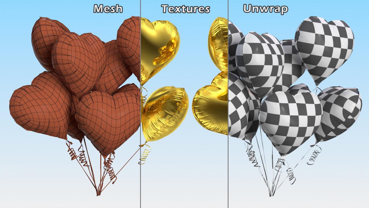 3D Heart Shaped Gold Balloon Bouquet model