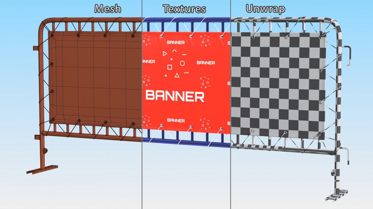 Modular Crowd Control Barrier Blue with Stretch Banner 3D model