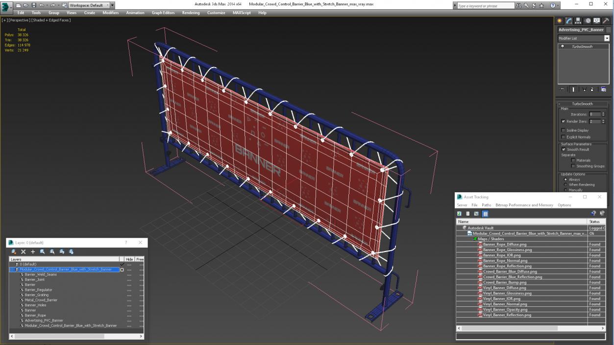 Modular Crowd Control Barrier Blue with Stretch Banner 3D model