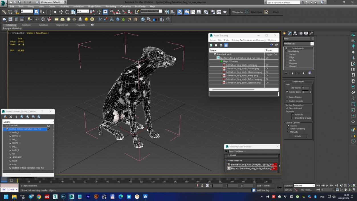 3D Spotted Sitting Dalmatian Dog Fur model