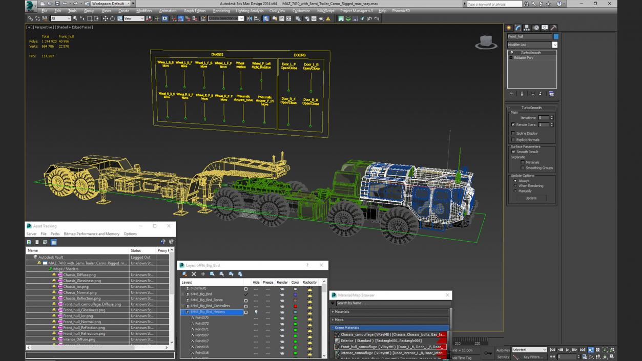 3D MAZ 7410 with Semi Trailer Camo Rigged model