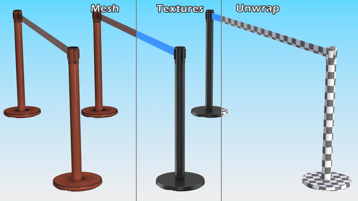 3D model Retractable Blue Belt Black Barrier Stanchion