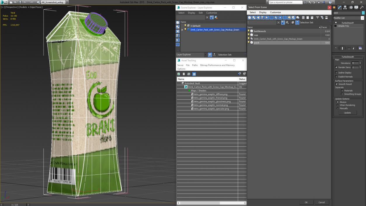 3D model Drink Carton Pack with Screw Cap Mockup Green