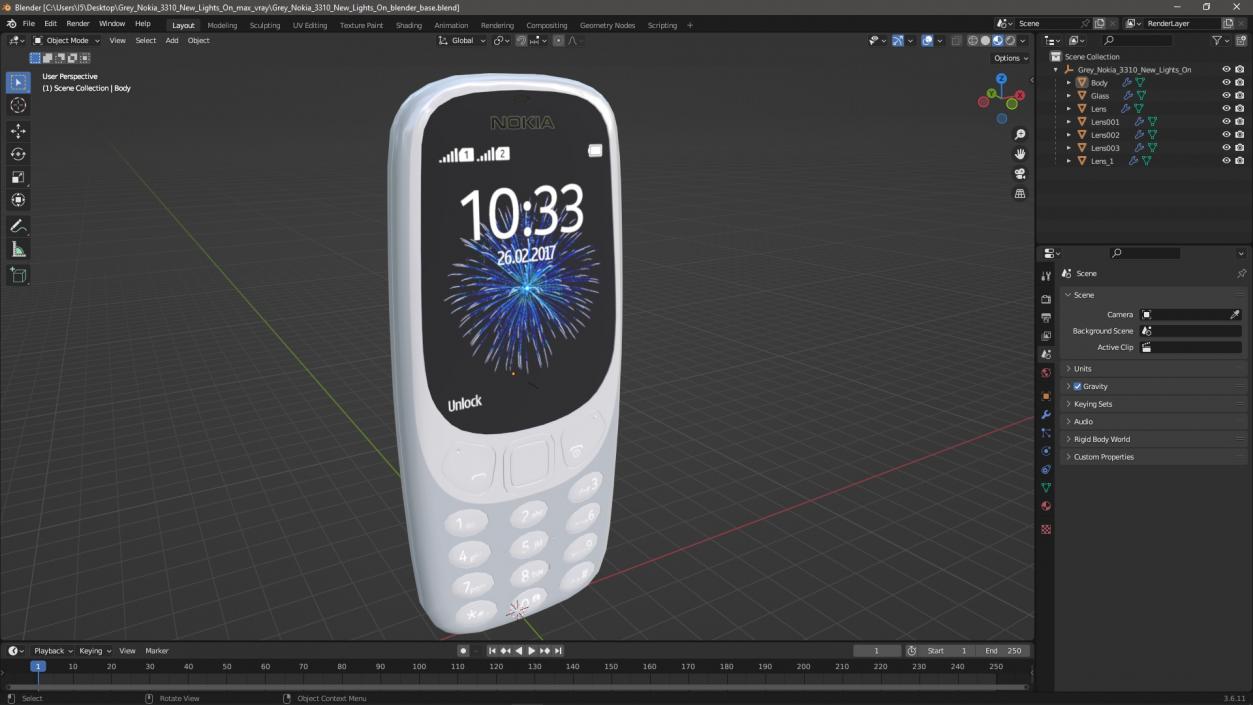 Grey Nokia 3310 New Lights On 3D model