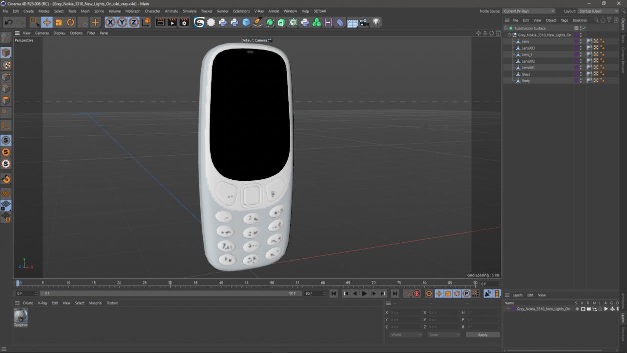 Grey Nokia 3310 New Lights On 3D model