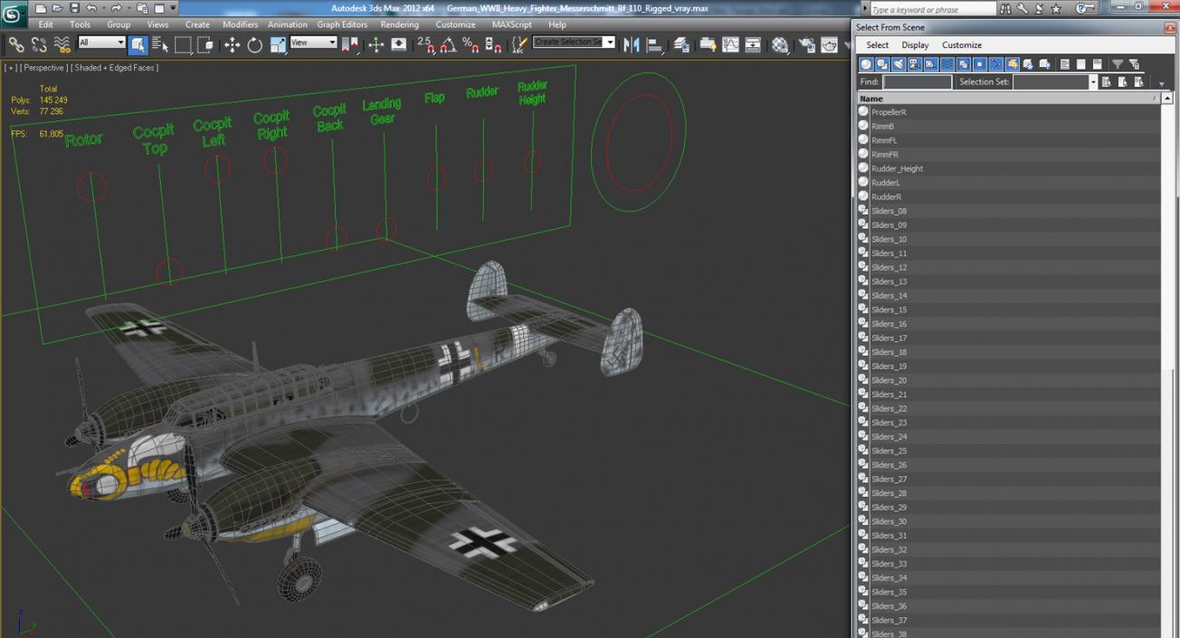 3D German WWII Heavy Fighter Messerschmitt Bf 110 Rigged model