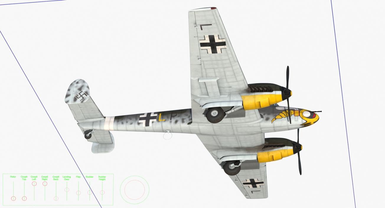 3D German WWII Heavy Fighter Messerschmitt Bf 110 Rigged model