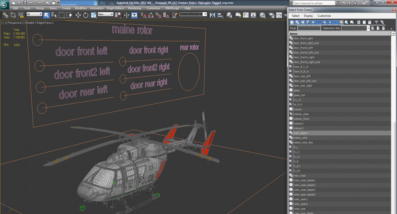 Kawasaki BK 117 German Police Helicopter Rigged 3D