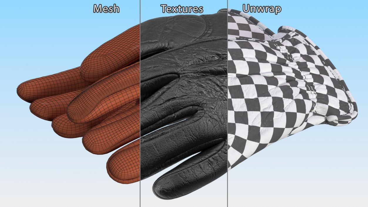 3D Mens Full Grain Black Leather Gloves