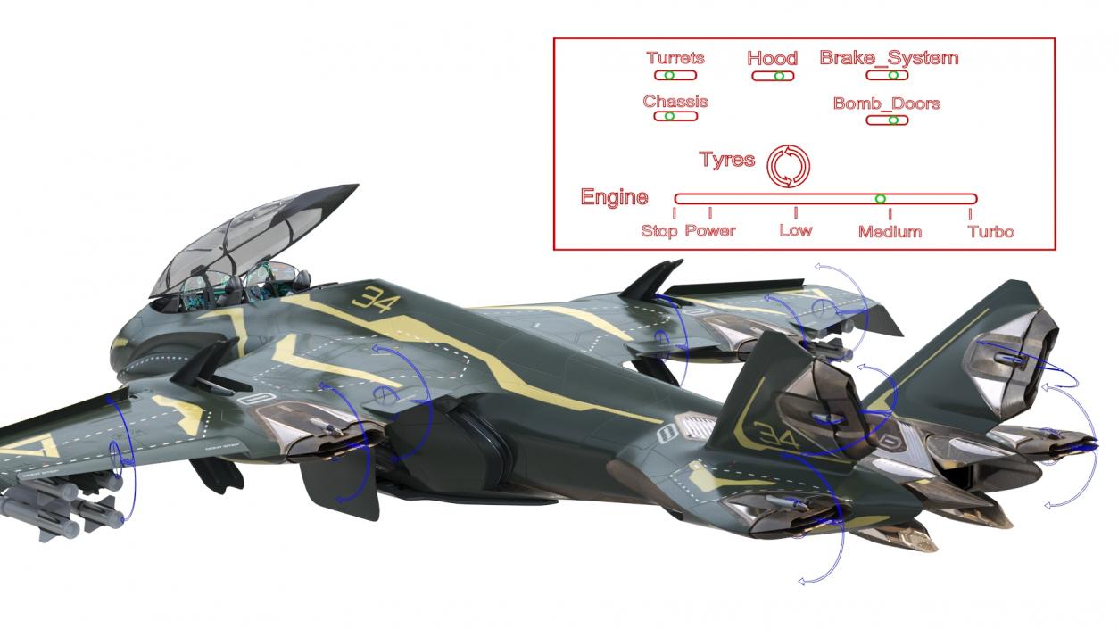 3D model Sci Fi Green Military Fighter Jet Rigged