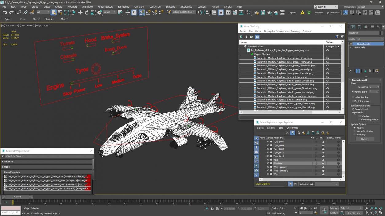 3D model Sci Fi Green Military Fighter Jet Rigged