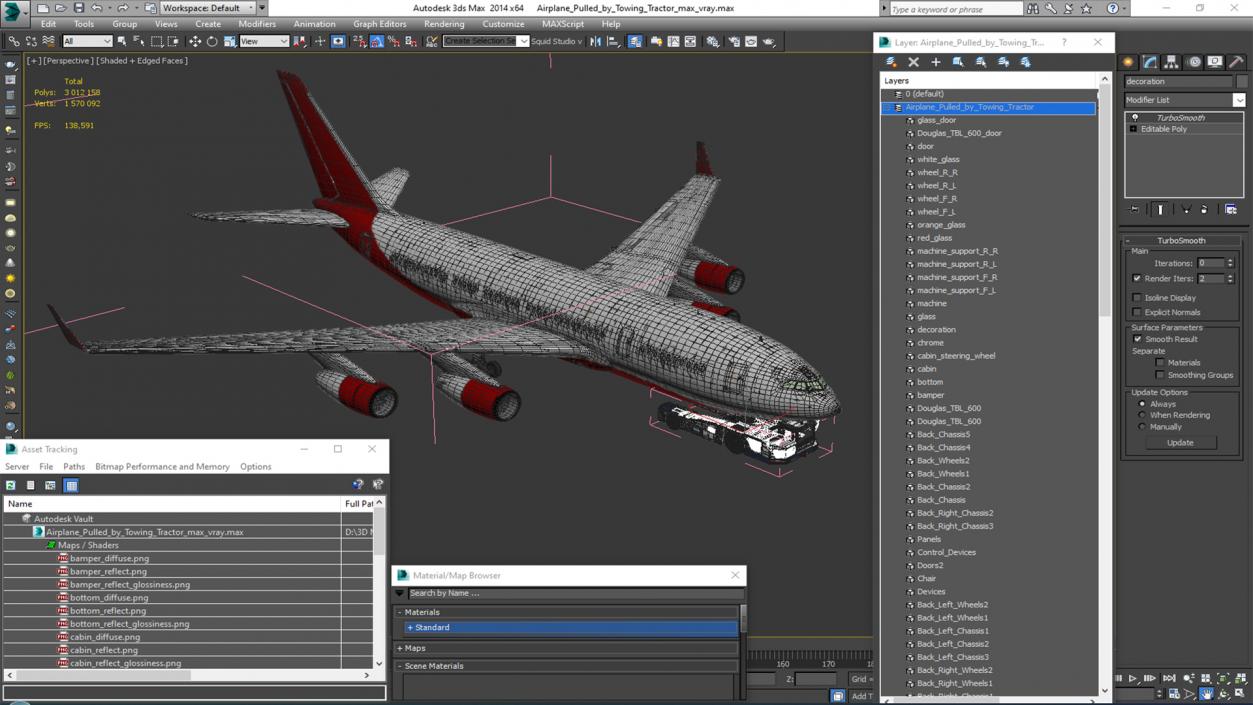 3D Airplane Pulled by Towing Tractor model