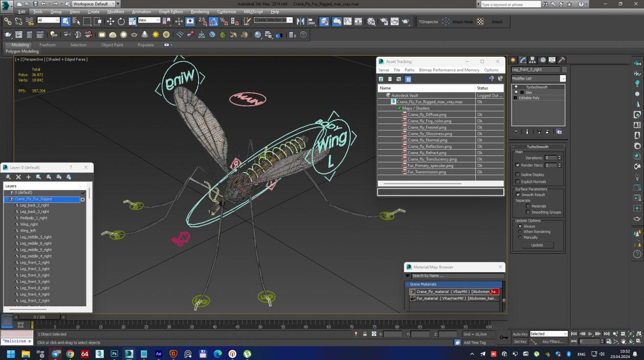 3D model Crane Fly Fur Rigged