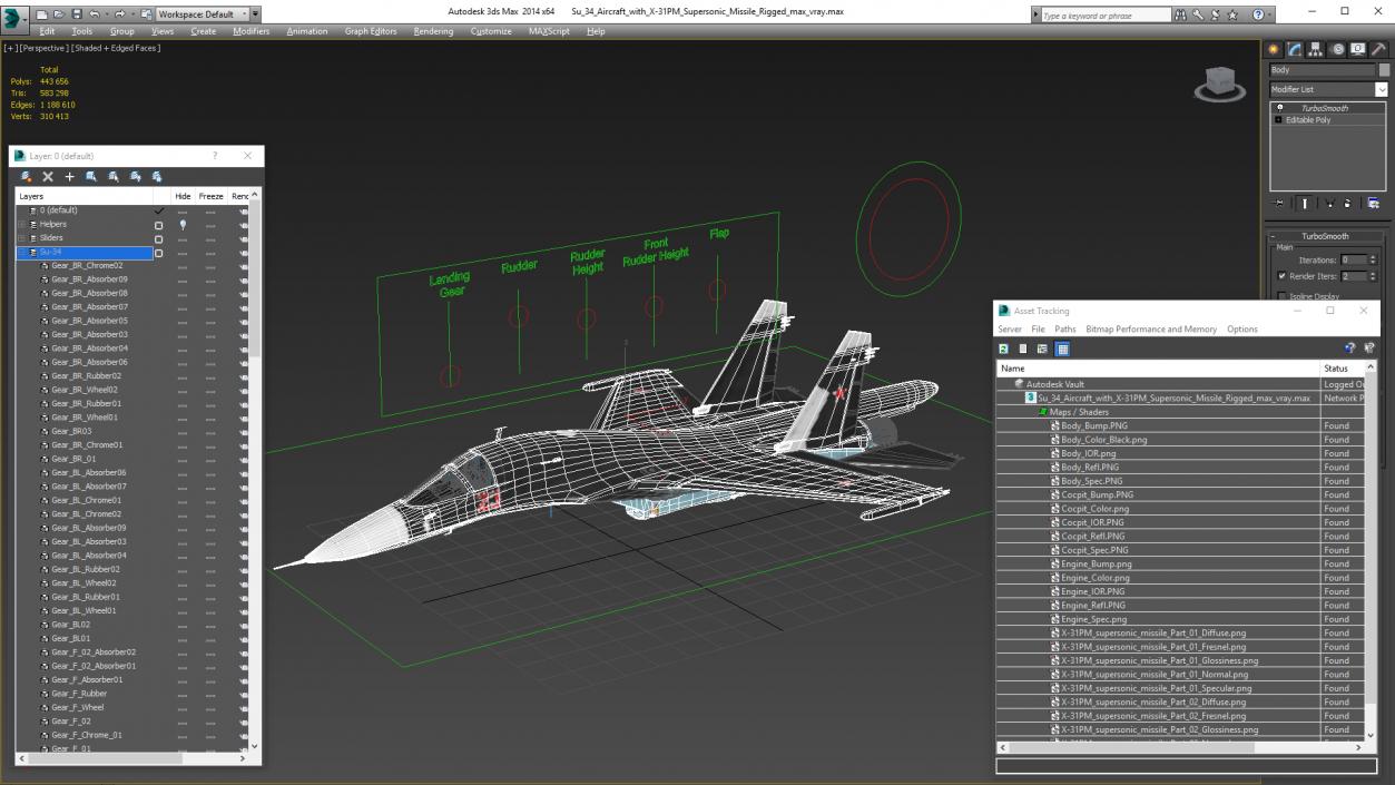 3D Su 34 Aircraft with X-31PM Supersonic Missile Rigged for Cinema 4D