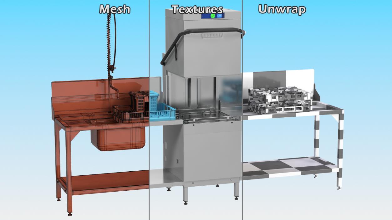 3D model Dishwasher Hobart with Unloading Table Rigged