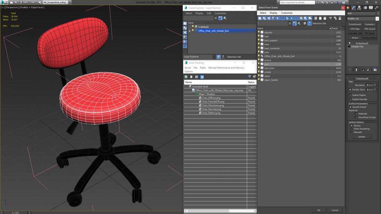 3D Office Chair with Wheels Red model