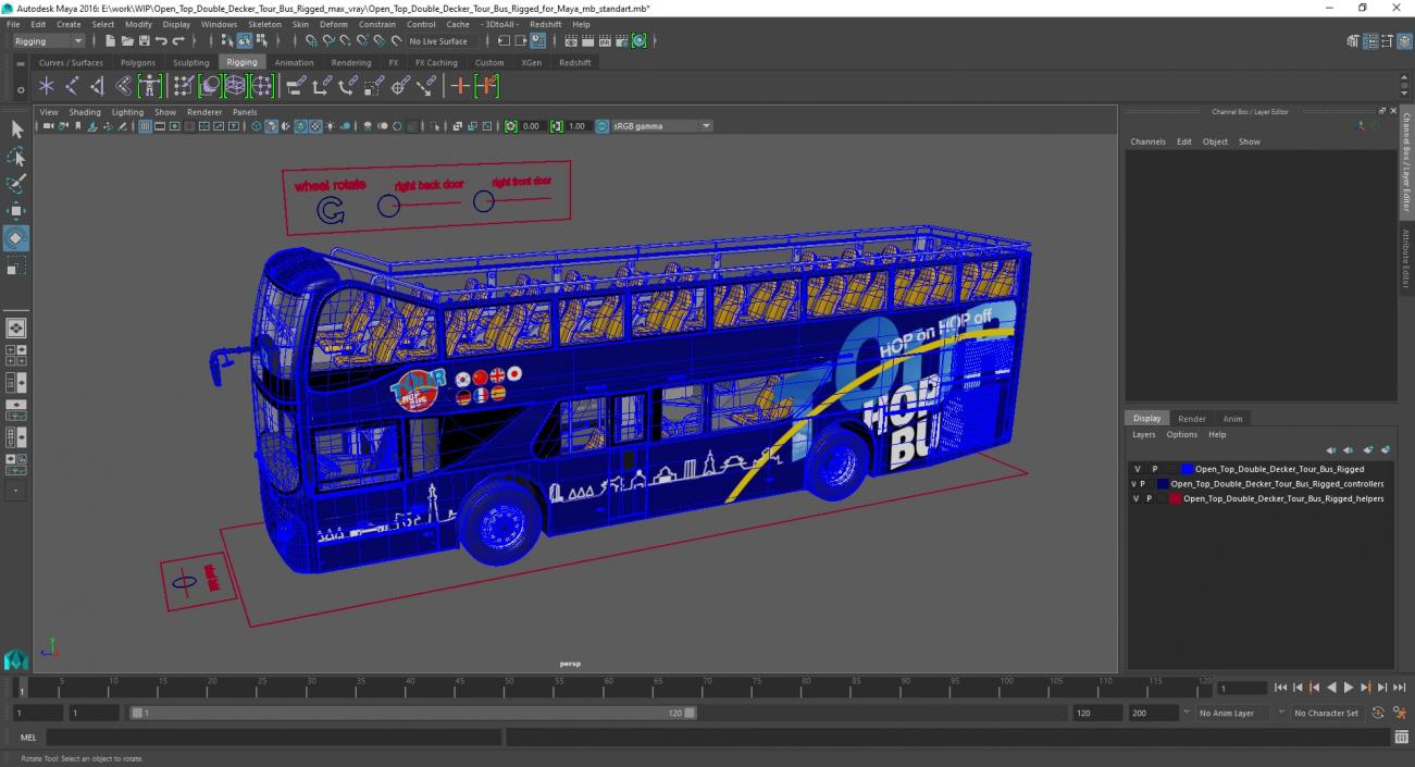 Open Top Double Decker Tour Bus Rigged for Maya 3D