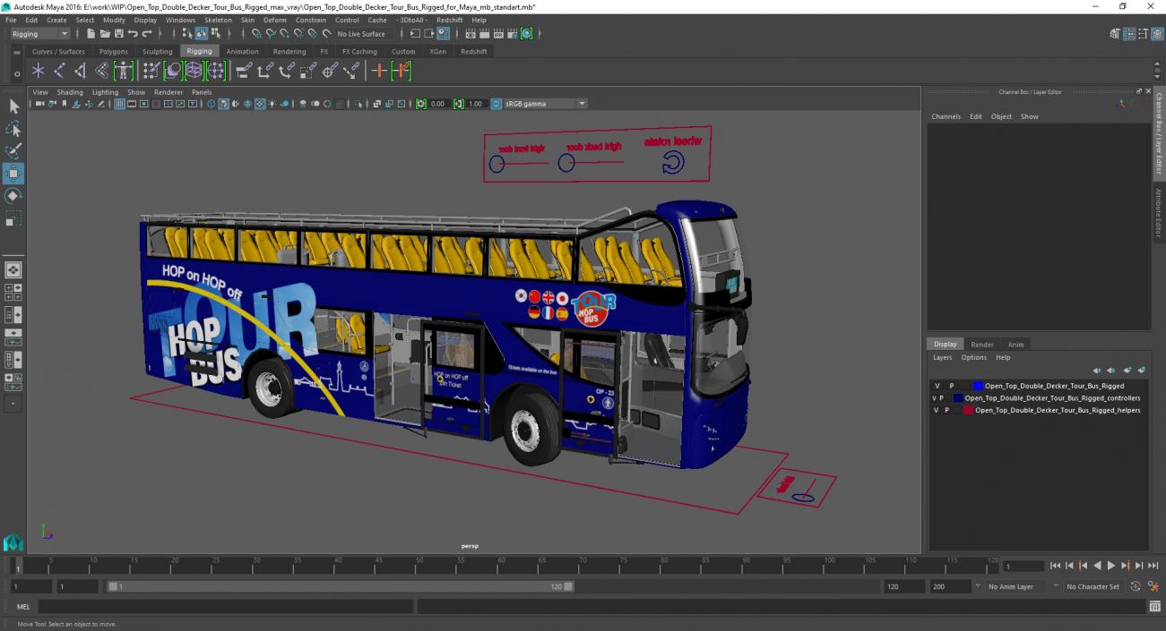 Open Top Double Decker Tour Bus Rigged for Maya 3D