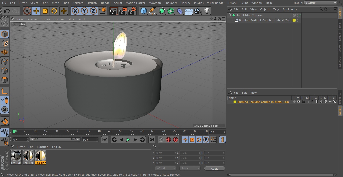 3D Burning Tealight Candle in Metal Cup