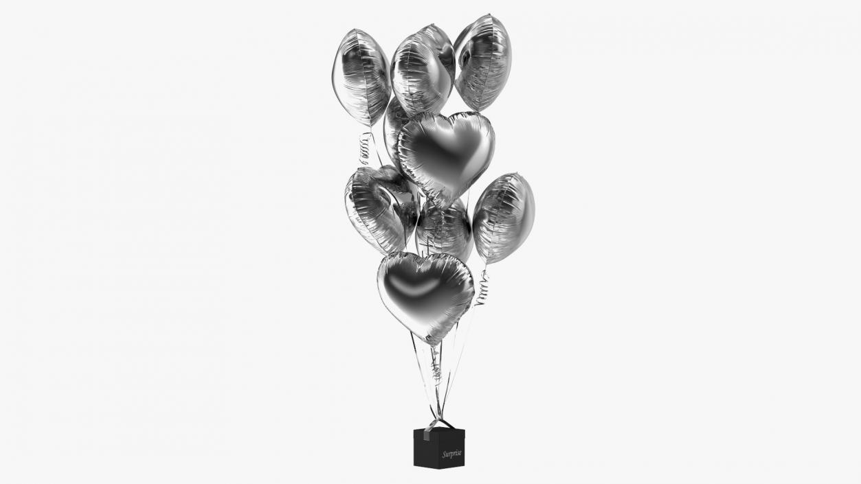 3D model Heart Shaped Silver Balloons Tied to Gift Box