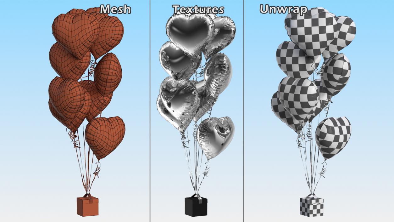 3D model Heart Shaped Silver Balloons Tied to Gift Box