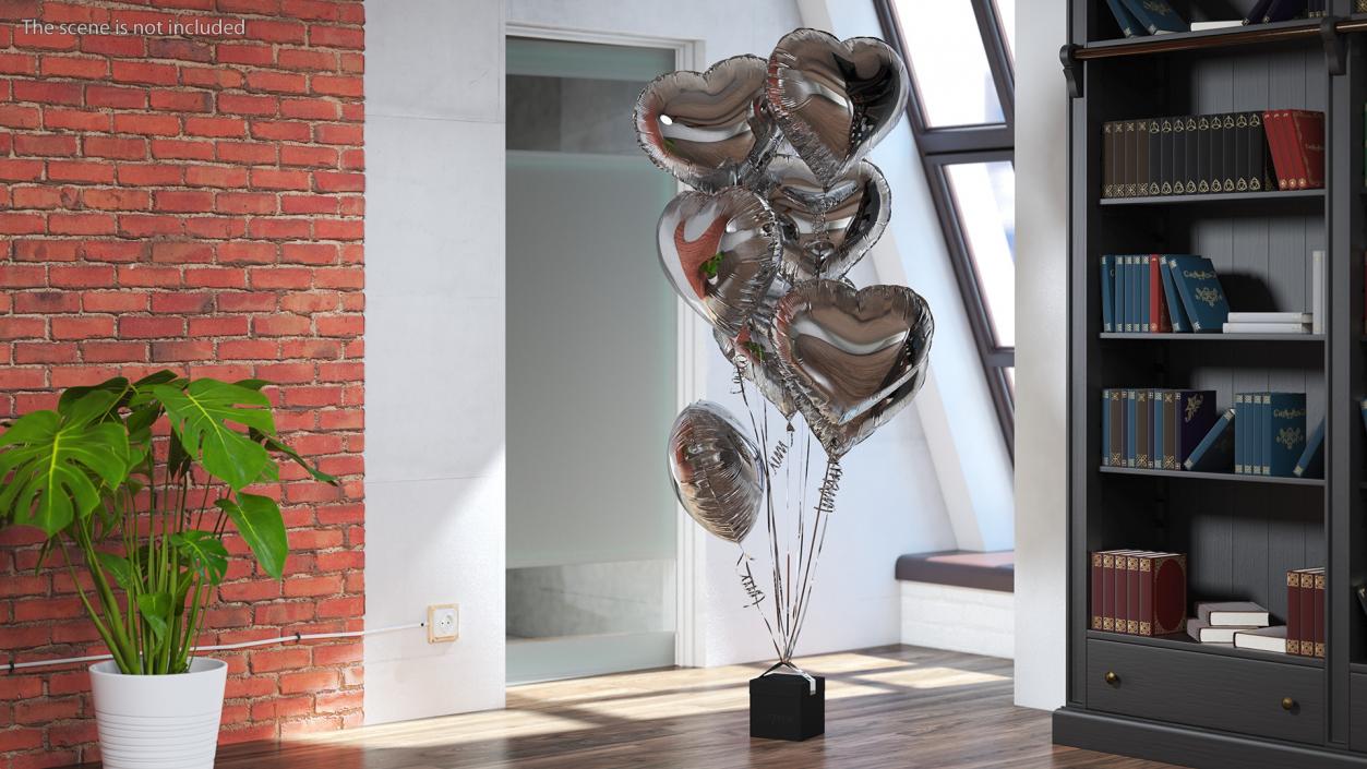 3D model Heart Shaped Silver Balloons Tied to Gift Box