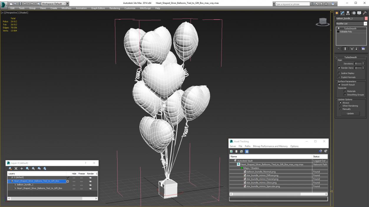 3D model Heart Shaped Silver Balloons Tied to Gift Box