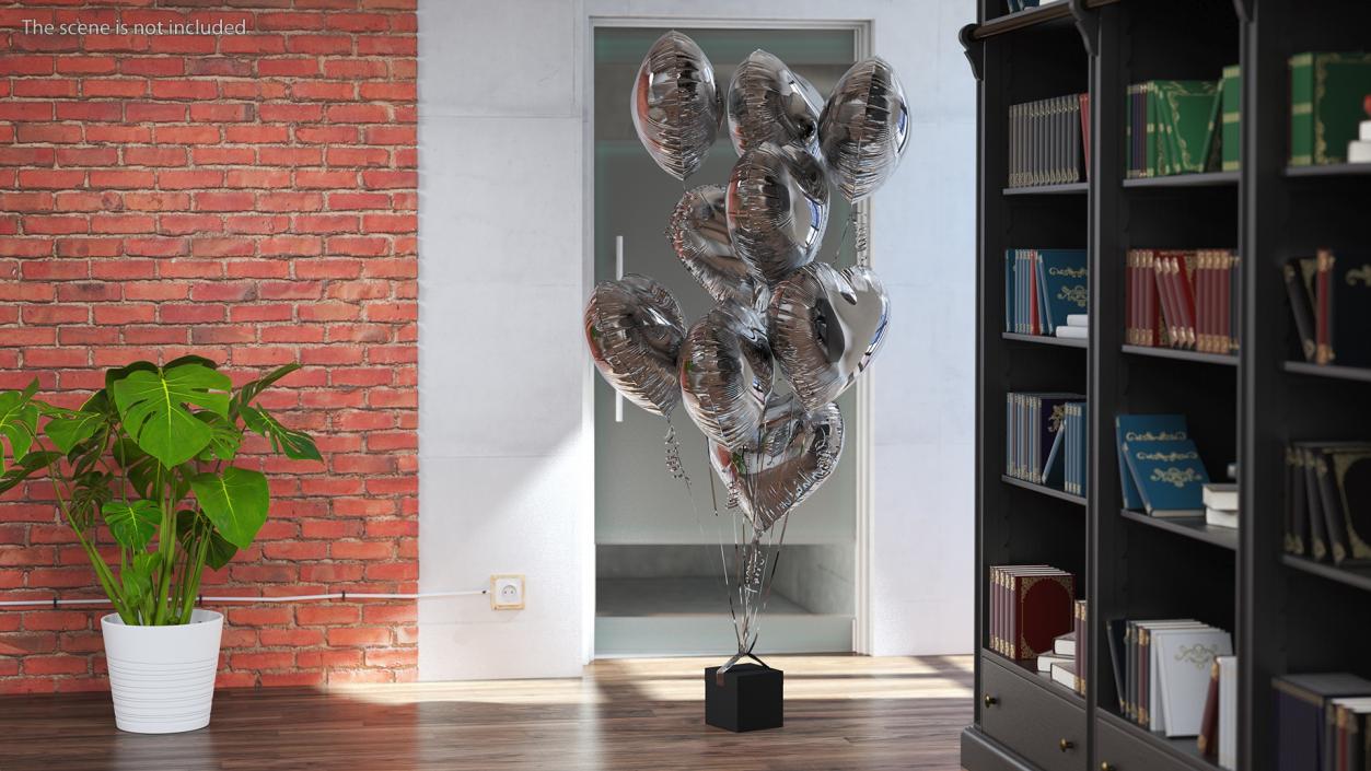 3D model Heart Shaped Silver Balloons Tied to Gift Box