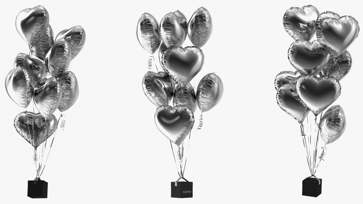 3D model Heart Shaped Silver Balloons Tied to Gift Box