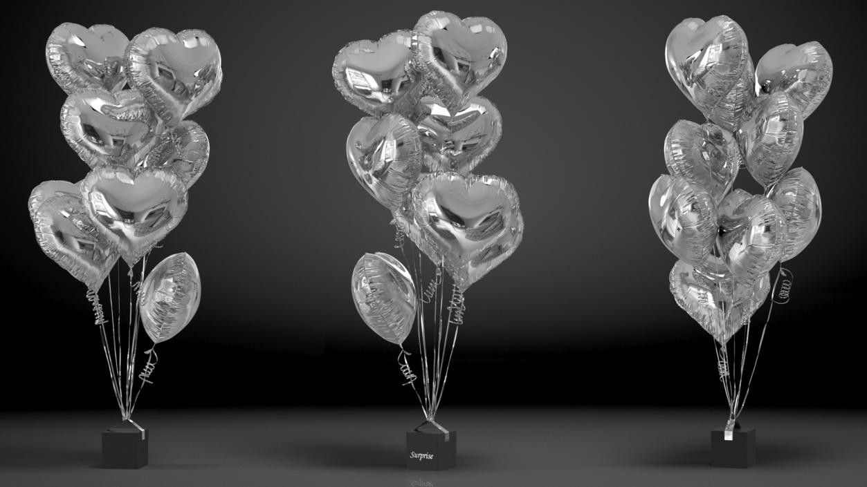 3D model Heart Shaped Silver Balloons Tied to Gift Box