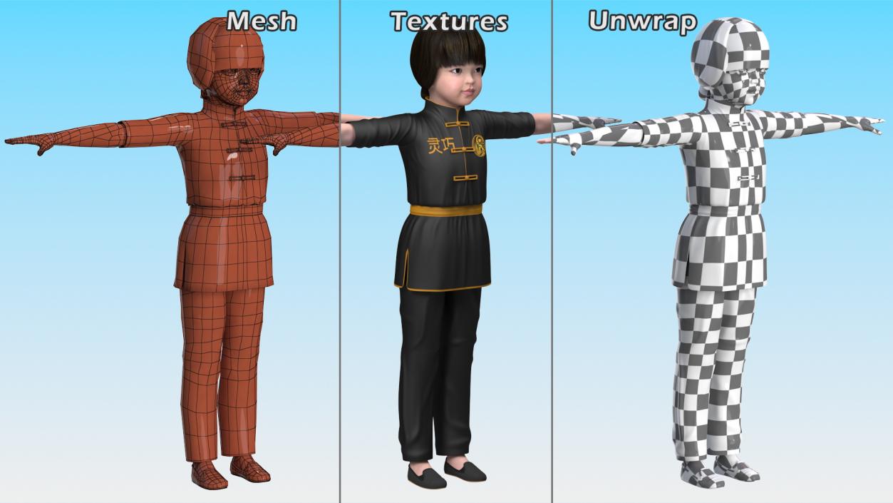 3D model Chinese Girl Child in Kimono T-Pose