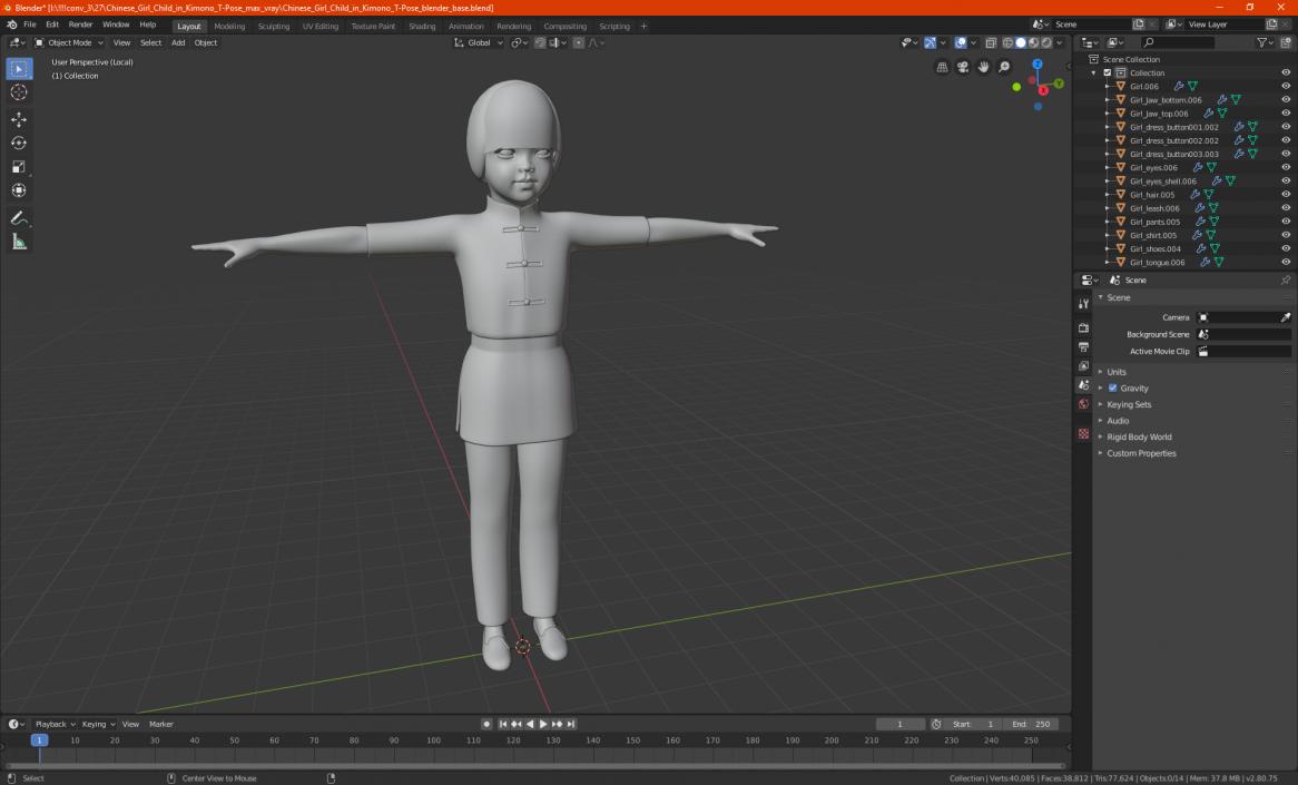 3D model Chinese Girl Child in Kimono T-Pose