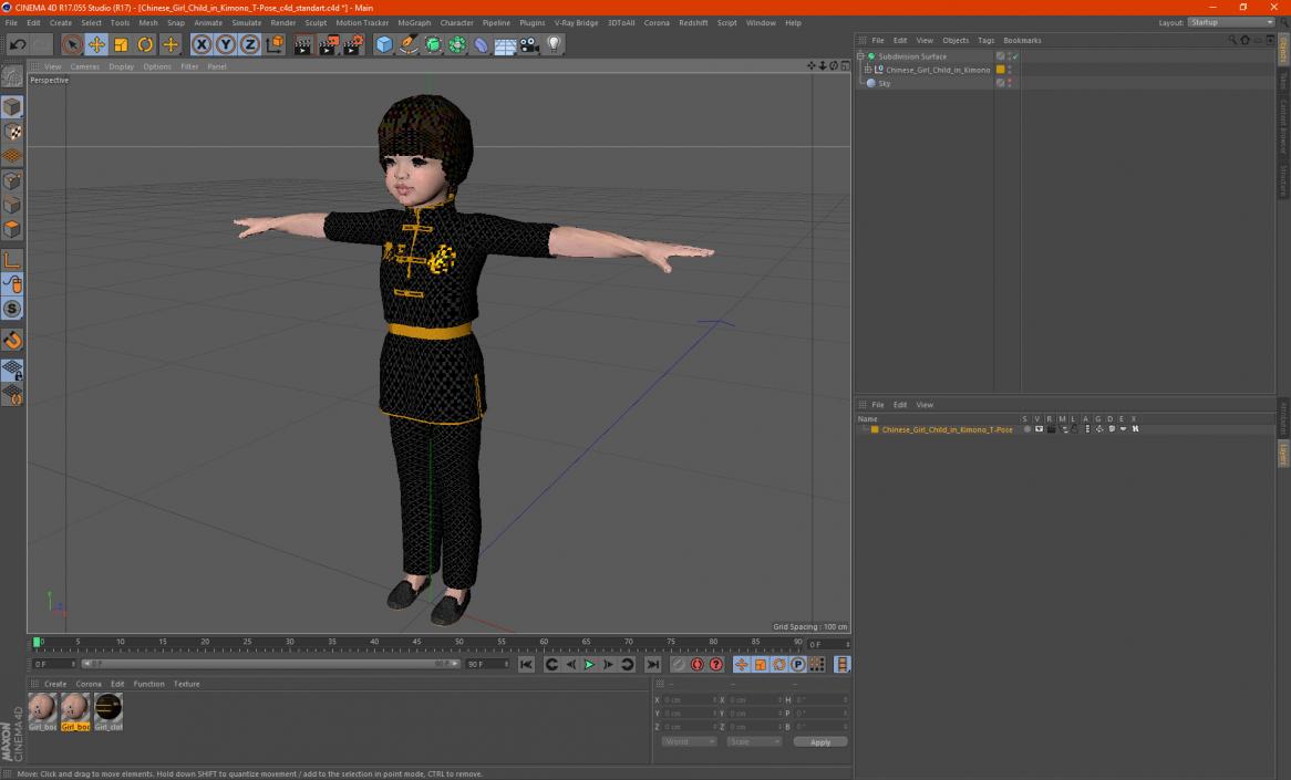 3D model Chinese Girl Child in Kimono T-Pose