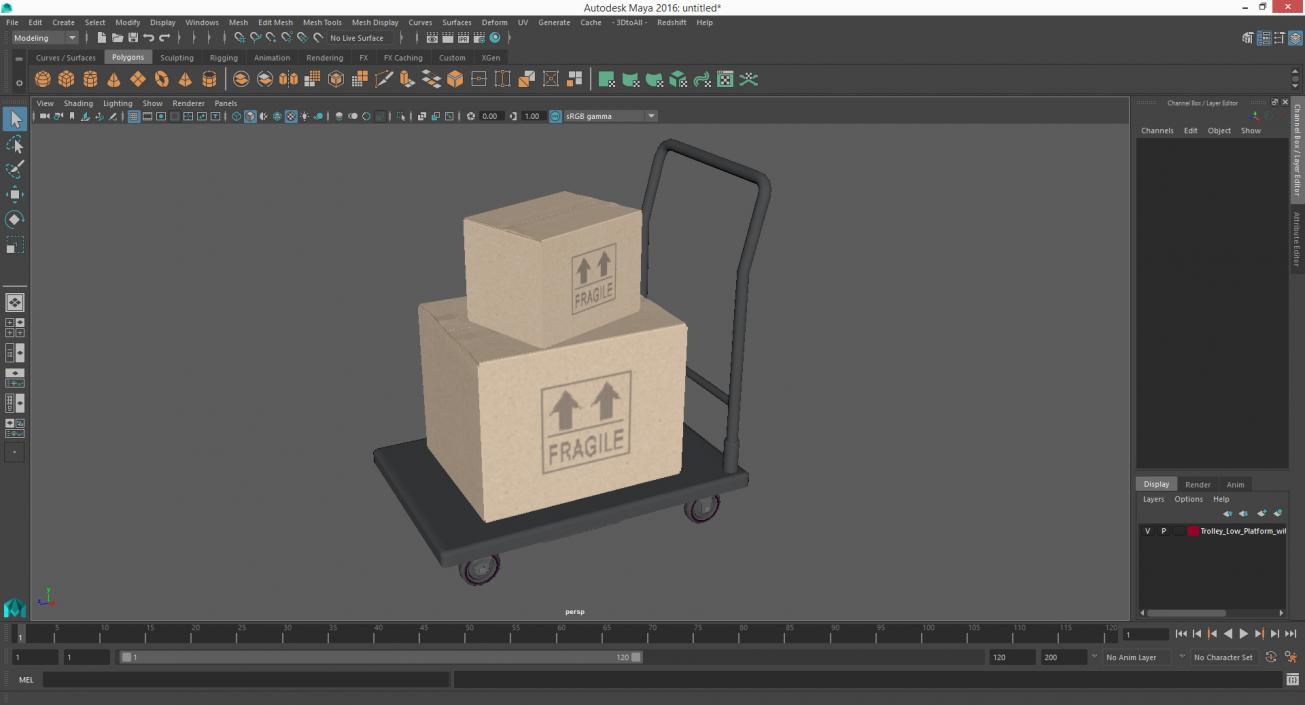 3D Trolley Low Platform with Cardboard Boxes