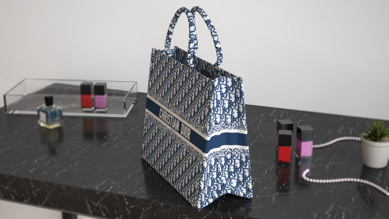 Dior Embroidery Book Tote Bag Navy Blue 3D model