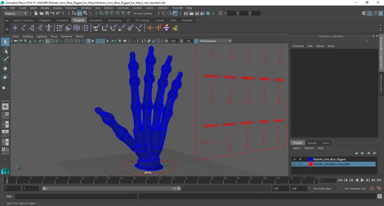 Robotic Arm Blue Rigged for Maya 3D