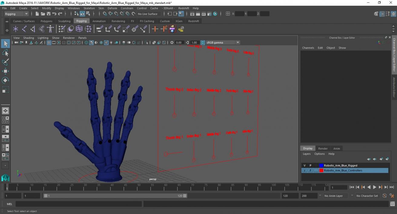 Robotic Arm Blue Rigged for Maya 3D