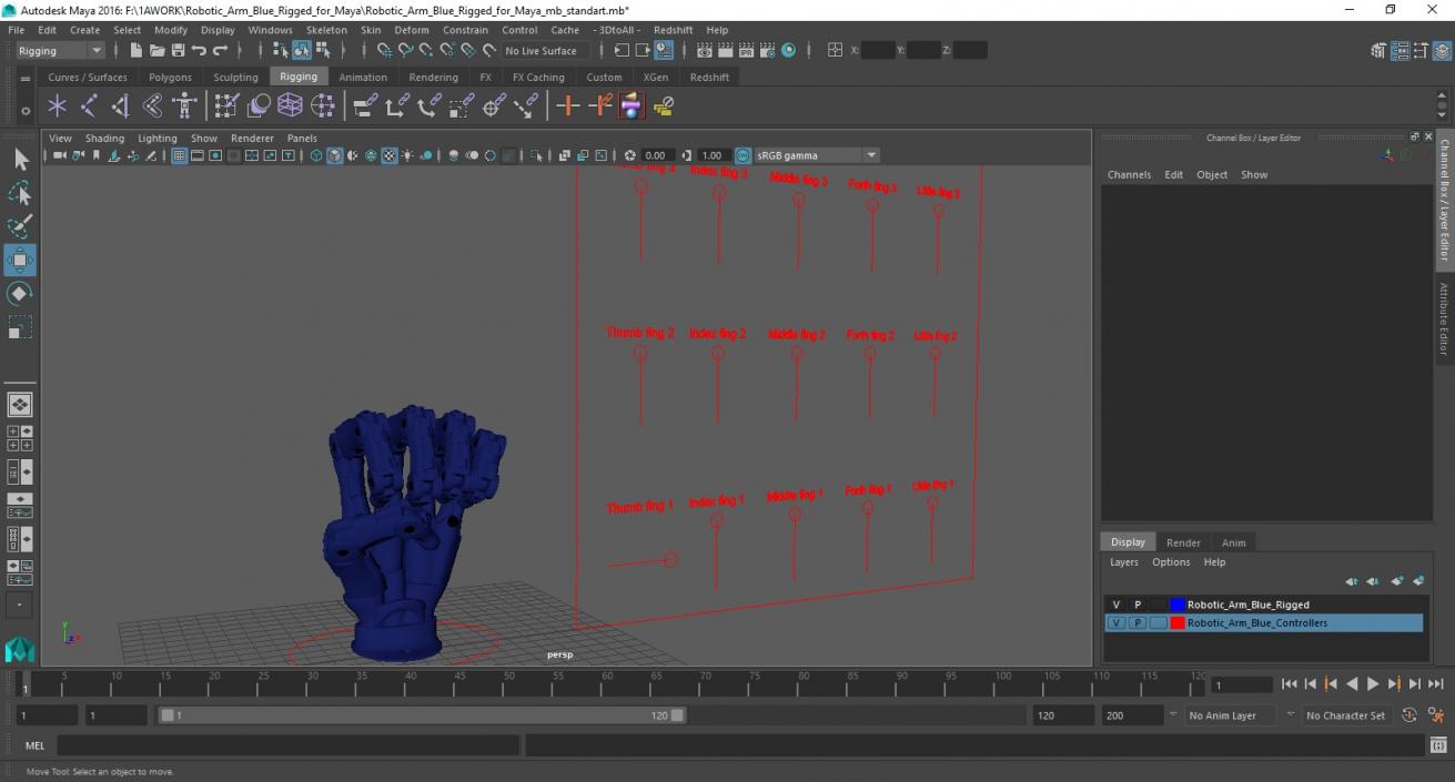 Robotic Arm Blue Rigged for Maya 3D