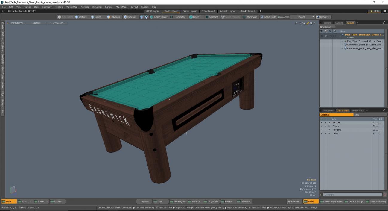 Pool Table Brunswick Green Empty 3D