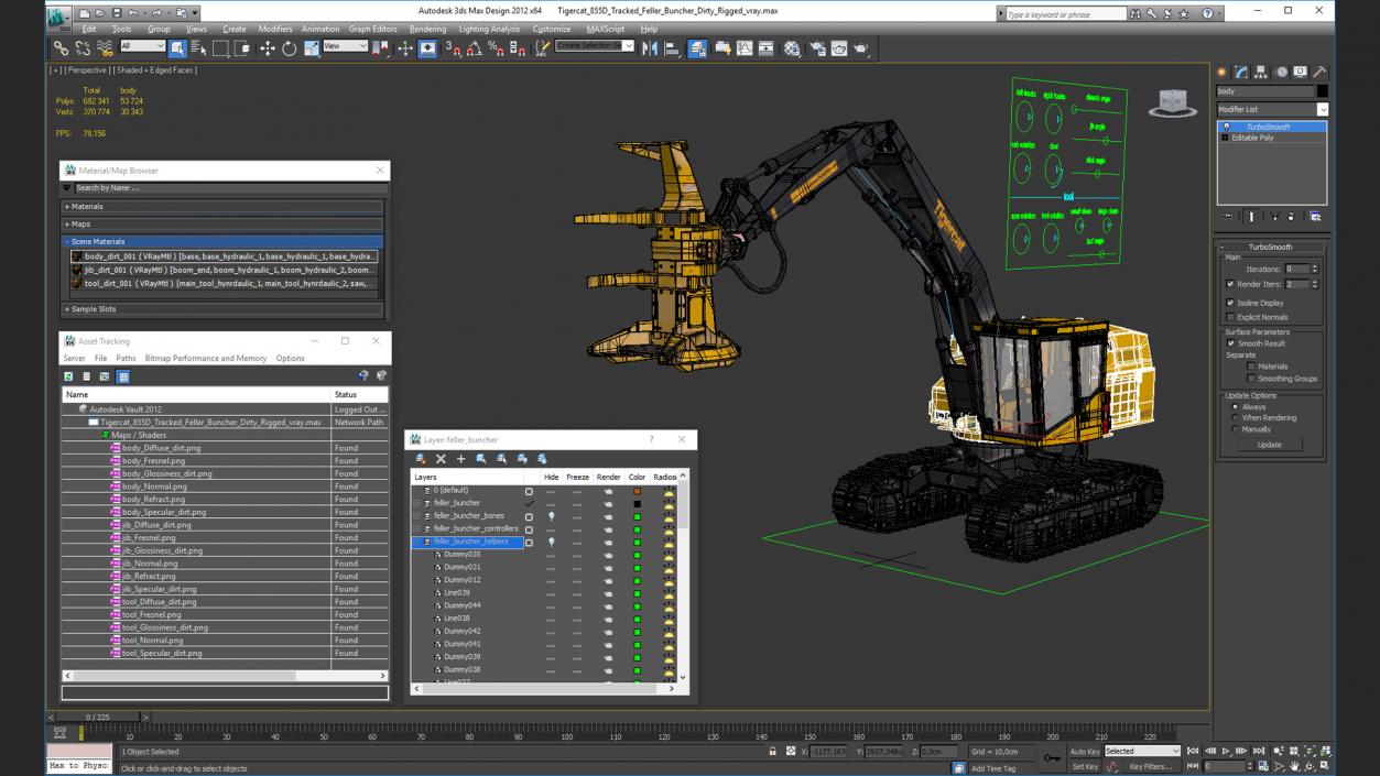 Tigercat 855D Tracked Feller Buncher Dirty Rigged 3D model