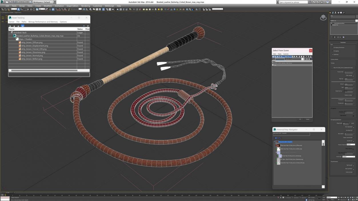 Braided Leather Bullwhip Coiled Brown 2 3D model