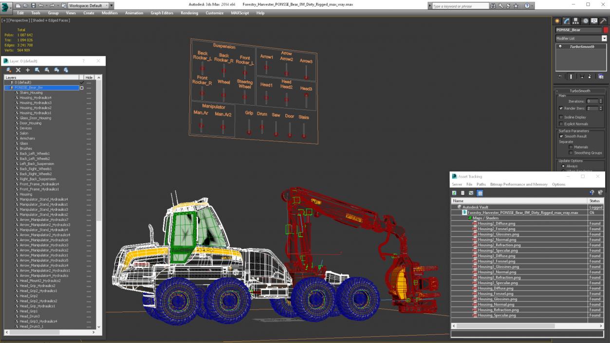 3D model Forestry Harvester PONSSE Bear 8W Dirty Rigged for Cinema 4D