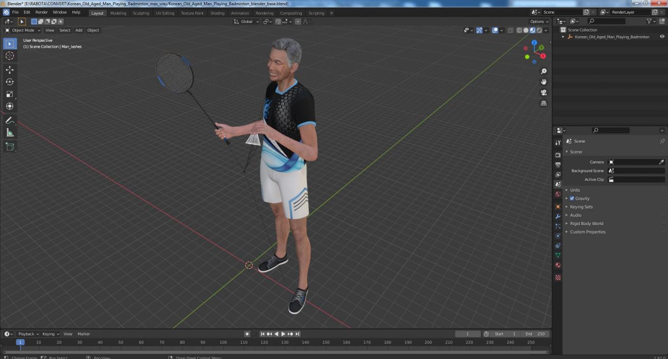 Korean Old Aged Man Playing Badminton 3D