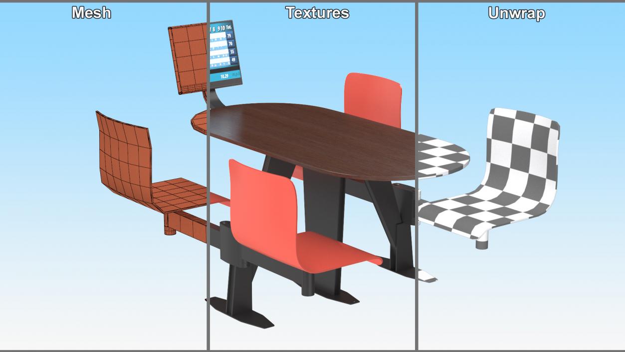 3D model Oval Brown Bowling Table with Red Chairs